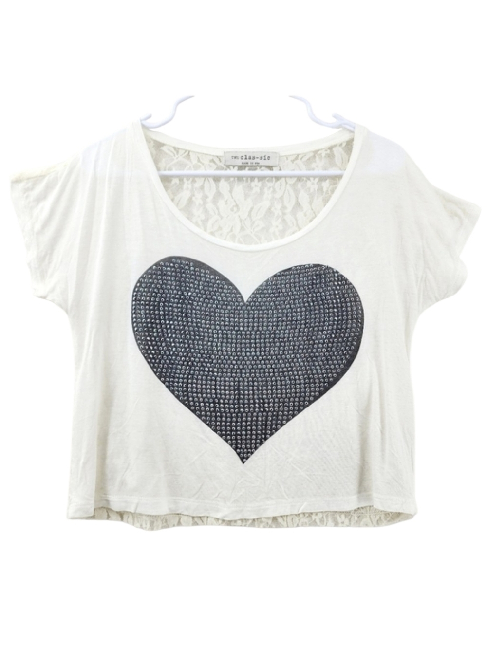 Charlotte Russe Oversized Rhinestone Heart Shirt Women's Extra Small Lace back